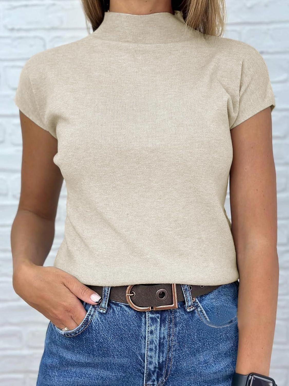 Saodimallsu Womens Short Sleeve Sweater Mock Neck Summer Casual Basic Knit Slim Fitted Pullover Tops Shirt