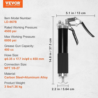 VEVOR Grease Gun, 6000 PSI Heavy Duty Pistol Grip Grease Gun, Grease Gun Kit with 14 oz Load, 17.72 Inch Flexible Hose, 1 Flat Couplers, 1 Pointed Coupler, and 1 Bent Metal Pipe