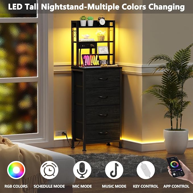 Tall Nightstand, LED Night Stand with Charging Station and USB Ports, 4 Fabric Drawers and 4 Tier Storage Shelf, Nightstands Bedside Tables for Bedroom, Dorm, Office (Black Oak)