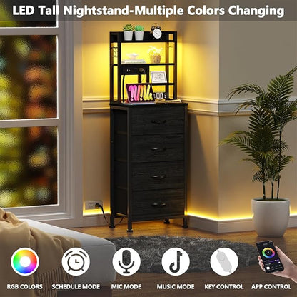 Tall Nightstand, LED Night Stand with Charging Station and USB Ports, 4 Fabric Drawers and 4 Tier Storage Shelf, Nightstands Bedside Tables for Bedroom, Dorm, Office (Black Oak)