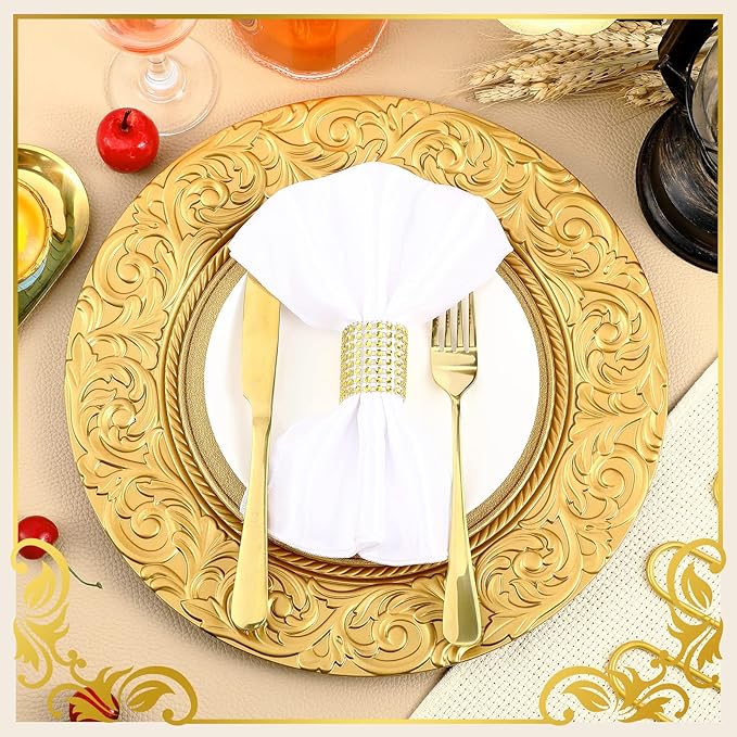 Uiifan Antique Charger Plates Bulk 13'' Plastic Embossed Dinner Plate Chargers Round Floral Plates for Wedding Decorative Chargers for Table Dinner Kitchen Party Decoration(Gold, 24 Pcs)
