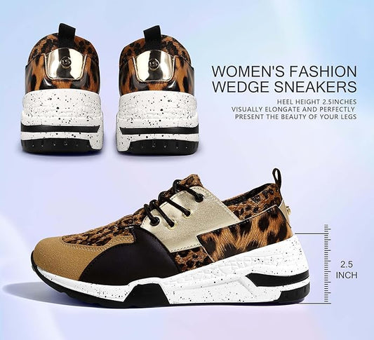LUCKY STEP Women's High Heel Wedge Sneakers Fashion Cliff Platform Retro Lace Up Casual Shoes