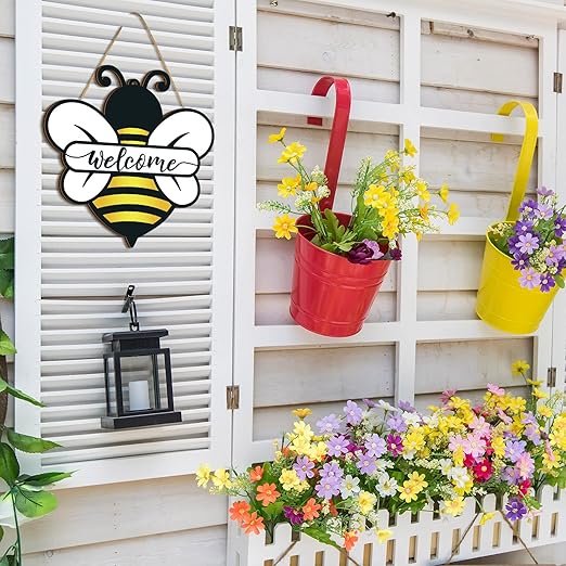 Shellwei Wood Welcome Sign, Bee Theme, Front Door Decor, 12 x 12 inches, Signage, Modern Style, Indoor & Outdoor Usage