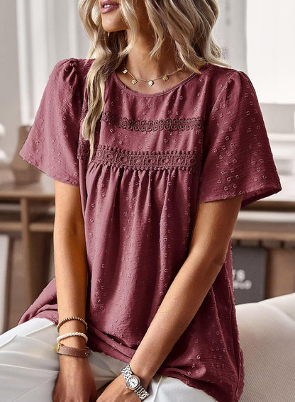 Falechay Womens Summer Tops Crewneck Short Sleeve Shirts Casual Chiffon Blouses Flowy Lace Hem Boho Clothing Trendy 2026