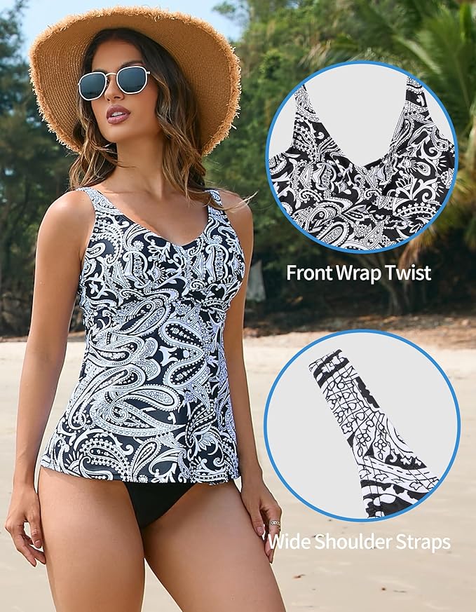 Womens Tankini Top Twist V Neck Bathing Suit Top Flowy Padded Swimsuit Top Swim Tank Top Only