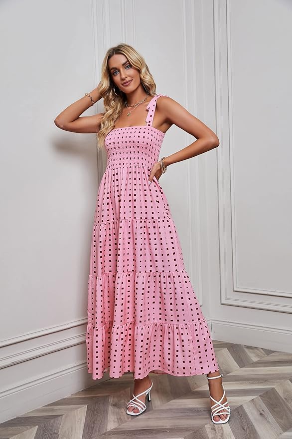 kinstell Women's Summer Boho Spaghetti Strap Square Neck Ruffle Casual Flowy Long Dress Beach Swing Party Maxi Dress