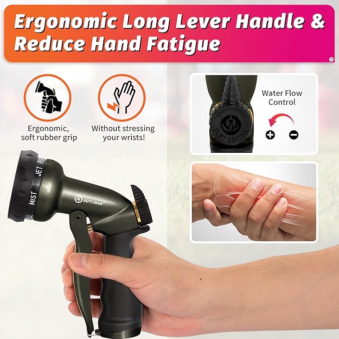 AUTOMAN Garden Hose Nozzle - 7 Patterns Sprayer, 100 Metal High Pressure Spray Nozzle, Labor-Saving Design, Heavy Duty Water Hose Nozzle for Garden Watering, Car Washing, Window Cleaning,Pets Bathing