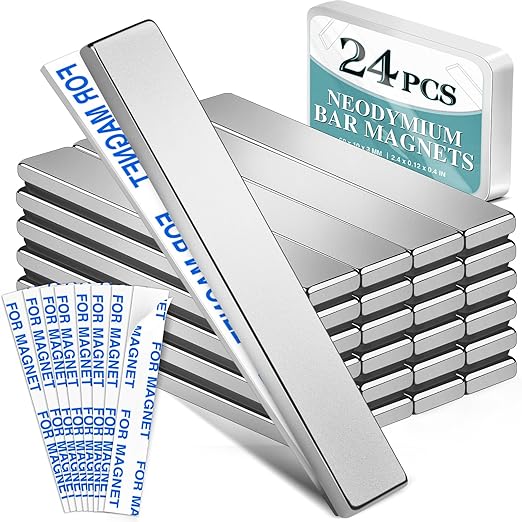 24 Pack Strong Neodymium Bar MagnetsPowerful Rare Earth Neodymium Magnets with Double-Sided Adhesive Perfect for Fridge, Garage, Kitchen, Craft, Office etc 60 x 10 x 3 mm