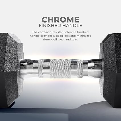 Sunny Health  Fitness Hex Style Dumbbell 5 LBS TO 50 LBS Chrome Handles, Hand Weight for Strength Training, Home Gym, Exercise, Workout Equipment Multiple Size Options