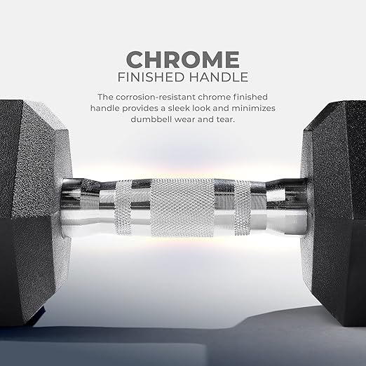Sunny Health  Fitness Hex Style Dumbbell 5 LBS TO 50 LBS Chrome Handles, Hand Weight for Strength Training, Home Gym, Exercise, Workout Equipment Multiple Size Options