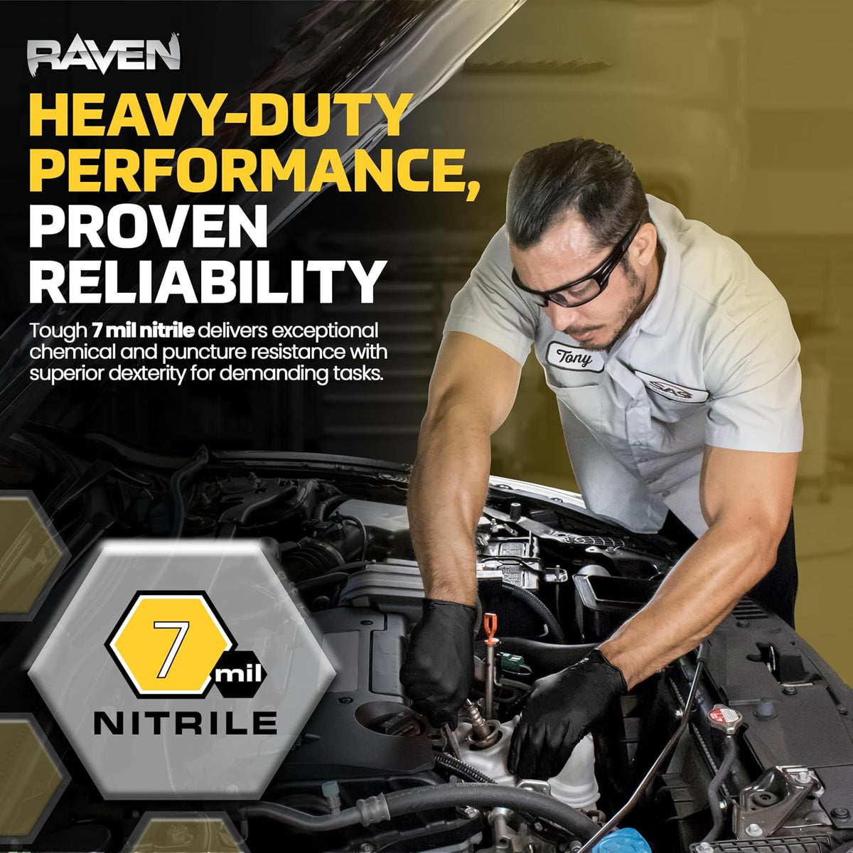 Raven Powder Free Nitrile Disposable Gloves 7 Mil - XL Latex Free, Chemical + Puncture Resistant, Textured Grip, Single Use for Automotive, Industrial, Janitorial, MRO, Food Service 66519