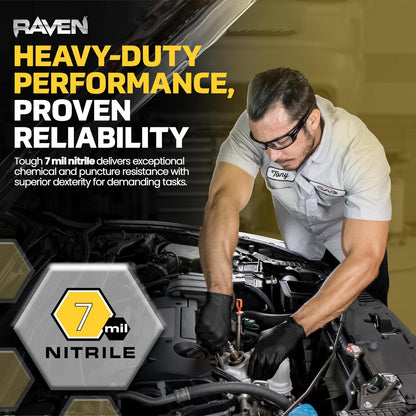 Raven Powder Free Nitrile Disposable Gloves 7 Mil - XL Latex Free, Chemical + Puncture Resistant, Textured Grip, Single Use for Automotive, Industrial, Janitorial, MRO, Food Service 66519