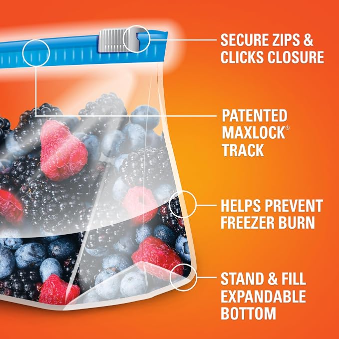 Hefty Slider Quart Freezer Bags, 74 Count, Quart Slider Bags for Freezer, Holds Individual Leftovers, Sliced Fruits and Veggies, and More, Writable Label, Secure Zip and Click Closure
