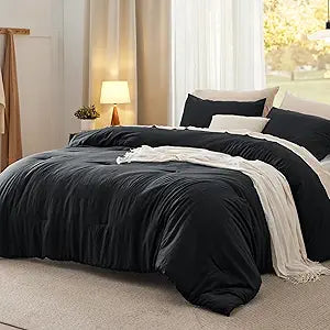 Bedsure Queen Size Comforter Set, Black Soft Prewashed Bedding for All Seasons, 3 Pieces GentleSoftTM Warm Down Alternative Bed Set, 1 Lightweight Comforter (90"x90") and 2 Pillowcases (20"x26")