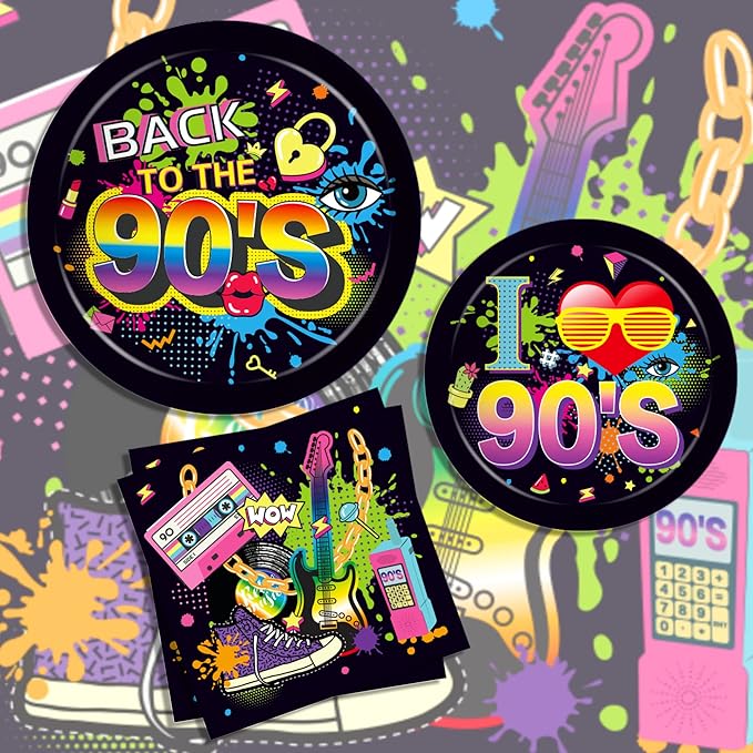 CC HOME 90s Birthday Paper Plates Napkins Back to The 1990s Disposable Tableware Set Hip Hop Baby Shower Party Supplies Tissue 90's Theme Cutlery Sets Serves 24 Guests for Party Plates Napkins 88PCS