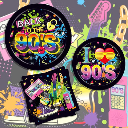CC HOME 90s Birthday Paper Plates Napkins Back to The 1990s Disposable Tableware Set Hip Hop Baby Shower Party Supplies Tissue 90's Theme Cutlery Sets Serves 24 Guests for Party Plates Napkins 88PCS