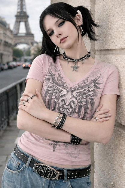Quzak Womens Emo Shirts Y2k Short Sleeve Tops 2000s Graphic Tees Grunge Alt Clothes Goth Style Shirts Harajuku Tee