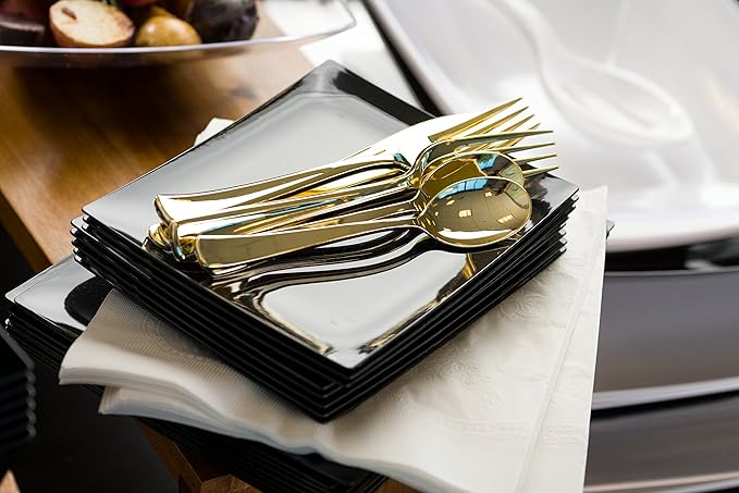 Plastic Cutlery Silverware Extra Heavyweight Disposable Flatware, Full Size Plastic Spoons Like Gold 24 Pack