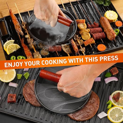 Burger Press 7.08" Roundï¼ŒHeavy-Duty Cast Iron Kit Smash Presses with Wooden Handle-Perfect for Griddle, Grill, and Sandwich Cooking