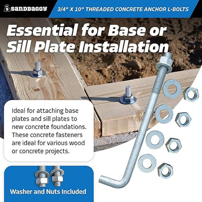 Sandbaggy 34" x 10" Threaded Concrete Anchor L-Bolts (Nuts  Washers Included) - Hot Dipped Galvanized - Sill Plate, Base Plate, Masonry, Wood, Cement Anchors, J Bolt (1, 34" x 10")