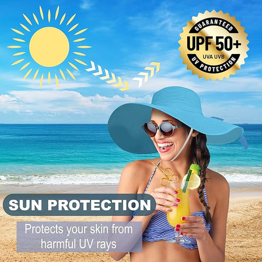 Women's Wide Brim UPF 50+ Straw Sun Hat with Bow - Foldable Packable Summer Beach Hat with Chin Strap