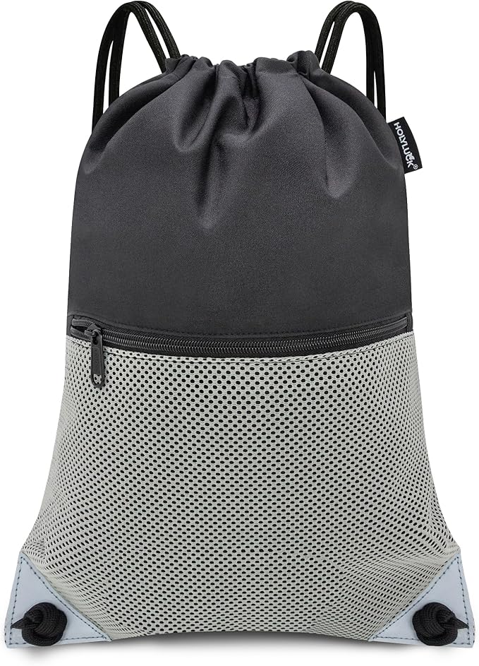 HOLYLUCK Drawstring Backpack Gym Sports Bag with Front mesh zipper Pocket 18.6" L x 13.5" W Cinch Sack String Sackpack For Men Women (black and grey)