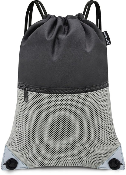 HOLYLUCK Drawstring Backpack Gym Sports Bag with Front mesh zipper Pocket 18.6" L x 13.5" W Cinch Sack String Sackpack For Men Women (black and grey)