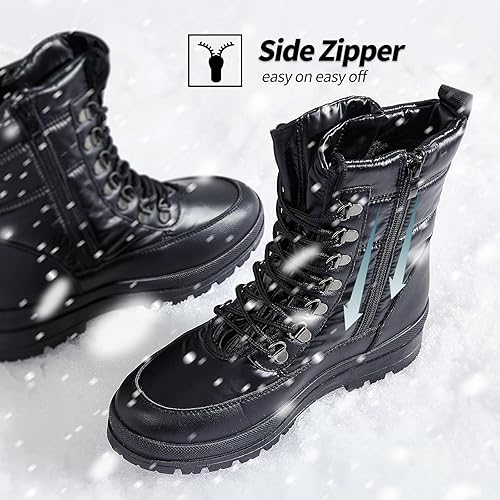Moudki Womens Warm Fur Lined Snow Boots for Cold Weather, Non-slip Black Combat Boots with Zipper for Hiking, Lace up White Winter Booties for Women, Water Resistant Mid Calf Shoes