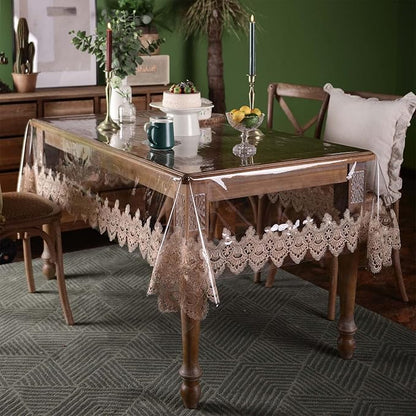 SUTAVIA Vinyl Tablecloth 100 Waterproof lace Table Cloth Environmentally PVC Oil Proof Table Protector Oblong Transparent Table Cover for Home Dining Table Parties(Gold, 60"x84")