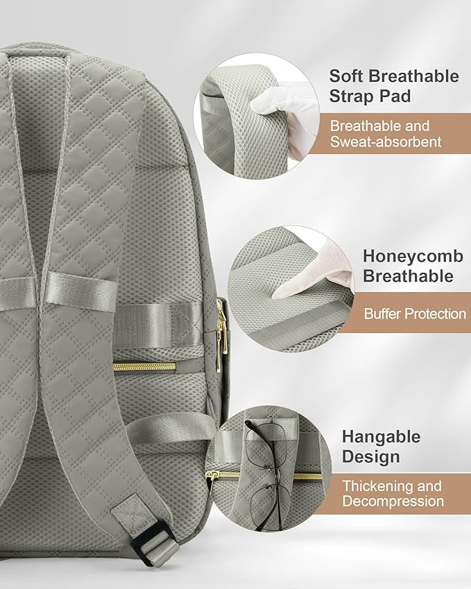 Travel Backpack for Women, Flight Approved Carry On Backpack, 15.6 Inch Laptop Backpack with USB Charging Port Water Resistant Anti-Theft Casual Daypack for Weekender Business Work, Grey Brown