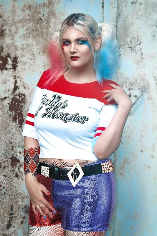HDE Women's Plus Size Red Blue Sequin Shorts for Harley Misfit Halloween Costume