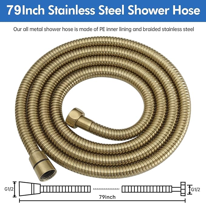 RUMOSE Shower Hose 79 inches Extra Long Stainless Steel Shower Tube Attachment Flexible Handheld Shower Sprayer Hose, Brushed Gold