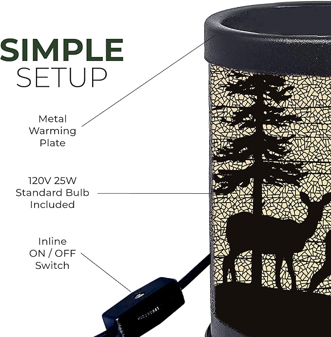 Rivers Edge Products Rustic Electric Candle Warmer Lamp and Wax Warmer for Scented Wax, Night Light, Home Decor, Gift for Home or Office, Black with Backlight Illustration, Deer Silhouette