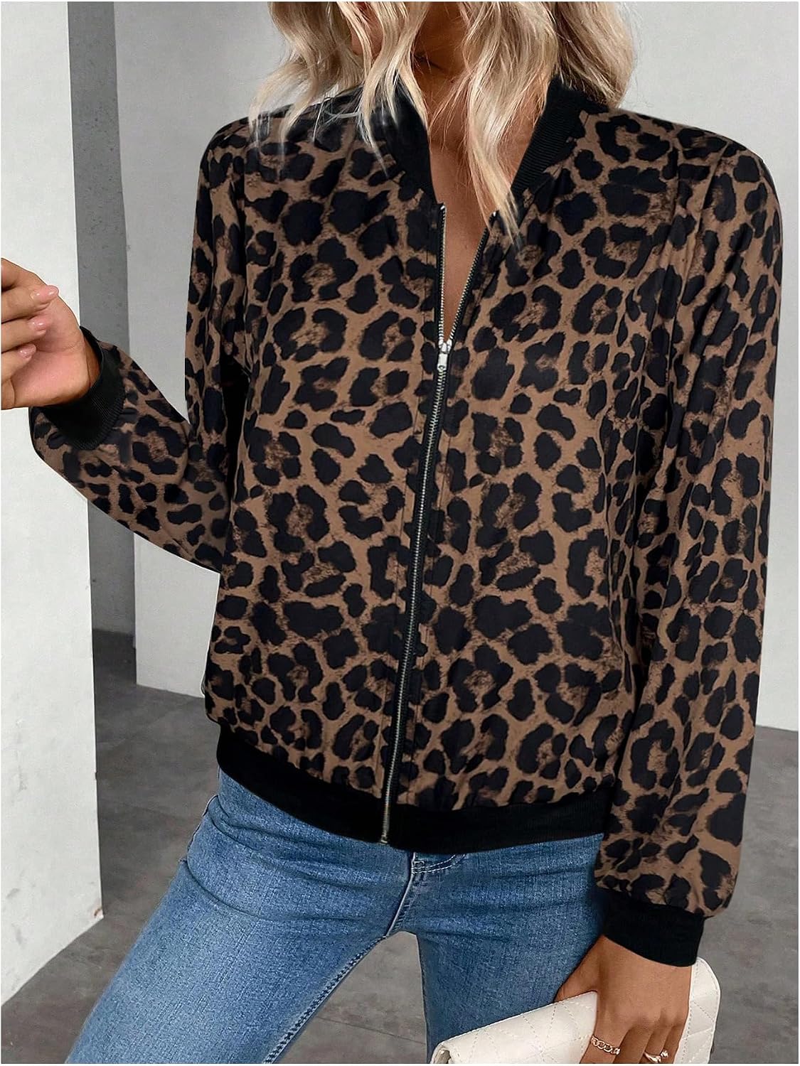 Women's Cheetah Leopard Print Long Sleeve Blazer Jackets Animal Print Zip Up Bomber Outerwear