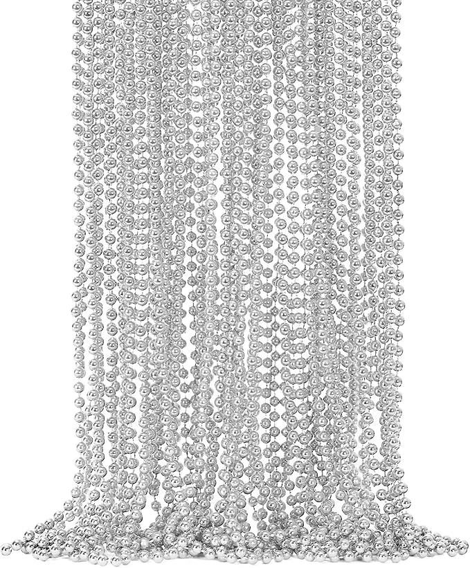 24PCS Christmas Bead Necklace, Silver Xmas Bead Stuff Party Favors, 33" Necklace Women Men Bulk, Festival Events Parade Throw Accessories for Christmas Mardi Gras Wedding Birthday Celebrations Decor