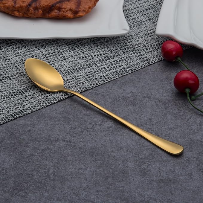 Berglander Stainless Steel Titanium Gold Plated Long Handle Mixing and Stirring Spoons - Pack of 6