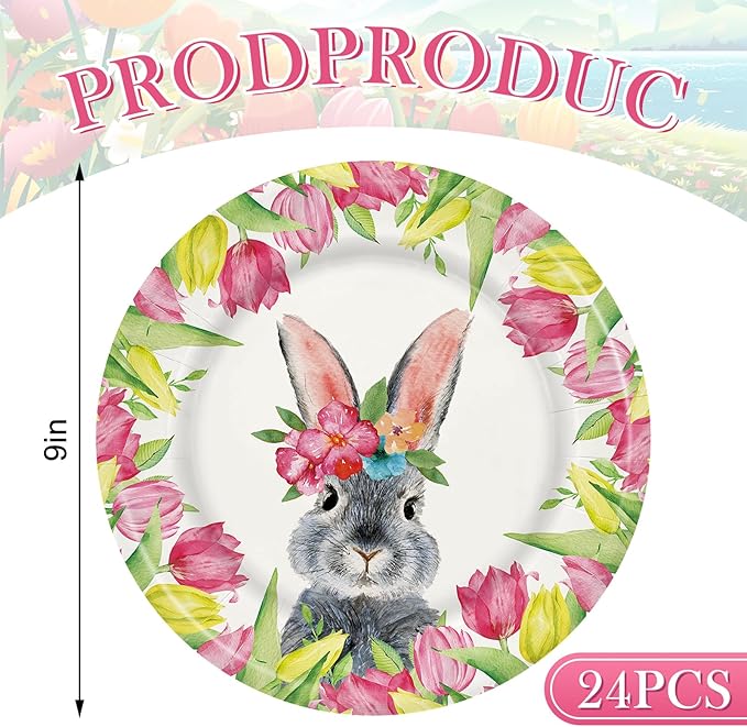 AnyDesign Easter Paper Plates Disposable Tulip Bunny Plates 9 Inch Flower Rabbit Tableware Dessert Plates for Spring Holiday Party Table Decor Supplies, 24Pcs