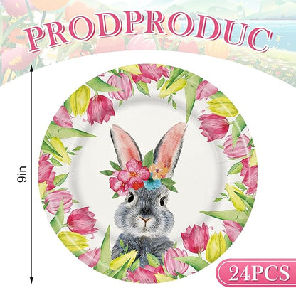 AnyDesign Easter Paper Plates Disposable Tulip Bunny Plates 9 Inch Flower Rabbit Tableware Dessert Plates for Spring Holiday Party Table Decor Supplies, 24Pcs