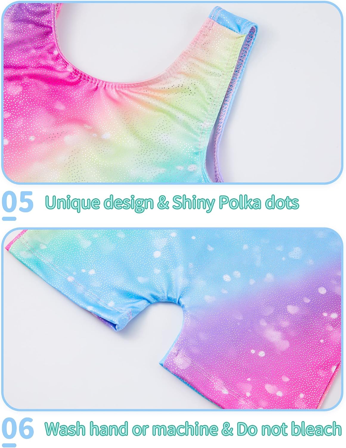 Soft, stretchy gymnastics leotards for girls in 2-pack with unicorn, rainbow, and fun designs for dance, gymnastics, or play.