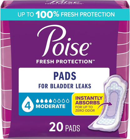 Poise Incontinence & Postpartum Pads for Bladder Leaks, 4 Drop Moderate Absorbency, Regular Length, 20 Count, Packaging May Vary