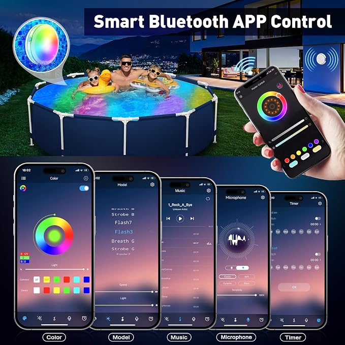 Pool Lights for Above/In Ground Pools Only , Portable Smart Magnetic Underwater IP68 Waterproof LED Light Rechargeable