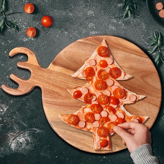 Large Round Christmas Charcuterie Boards Gifts Acacia Wood Cutting Board with Handle Decorative Wooden Xmas Cheese Board Christmas Food Platters Holiday Kitchen Decor Gifts Festive Xmas Serving Tray