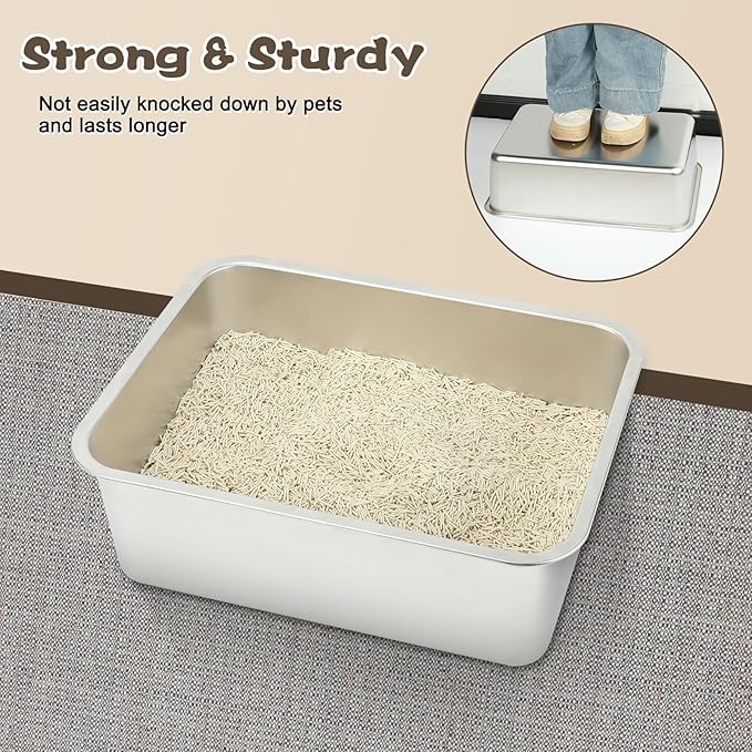 Rypet 2Packs Stainless Steel Litter Box Metal Litter Box for Cats High Back Litter Box Non-Stick Cat Poop BoxOoaEasy to Clean(17.7"13.8"5.9")