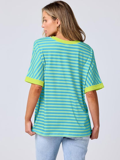 ANRABESS Womens Oversized T Shirts Striped Basic Tees Short Sleeve Crewneck Casual Loose Tops Shirts 2025 Summer Outfits