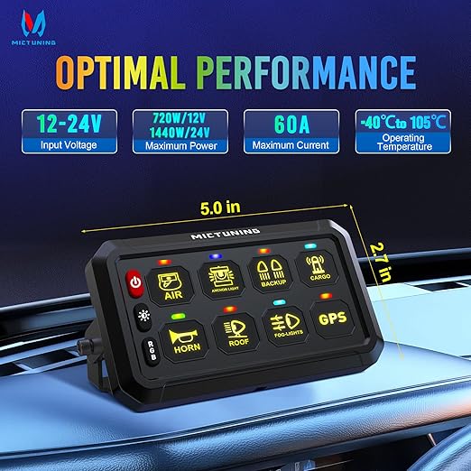 MICTUNING P1B RGB 8 Gang Switch Panel, Multifunction Toggle Momentary Flash Strobe Pulsed Switch Pod with Backlit Off, 5-Level Brightness Circuit Control Relay System Box for Truck RV Offroad Marine