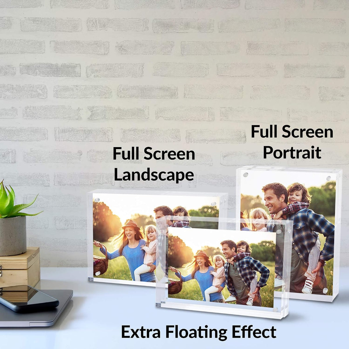SimbaLux Magnetic Acrylic Picture Photo Frame 5x7 inches (3 Pack), Clear Glass Like, Double Sided Frameless Desktop Floating Display, Free Standing, Easy to Change