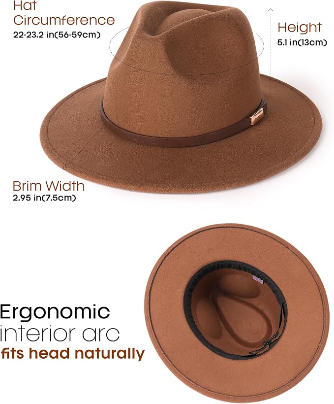 FURTALK Fedora Hats for Men Women Wide Brim Felt Panama Dress Hat with Belt Buckle Adjustable Size 7-7 3/8
