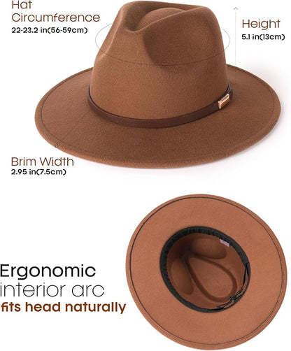 FURTALK Fedora Hats for Men Women Wide Brim Felt Panama Dress Hat with Belt Buckle Adjustable Size 7-7 3/8