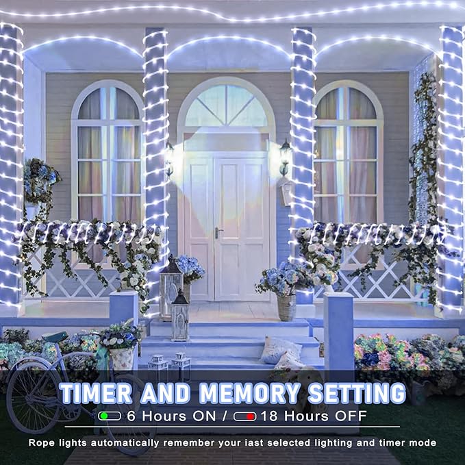 Rope Lights Outdoor, 66FT 200 LED Rope Lights for Indoor with Waterproof 8 Modes, Connectable Clear Tube Lights for Outside, Garden, Backyard, Patio, Deck, Pool, Tree Decorations - White