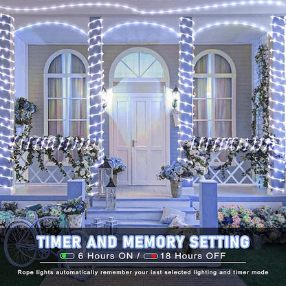 Rope Lights Outdoor, 66FT 200 LED Rope Lights for Indoor with Waterproof 8 Modes, Connectable Clear Tube Lights for Outside, Garden, Backyard, Patio, Deck, Pool, Tree Decorations - White